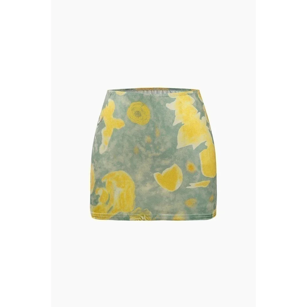 Corset and Cami Top And Mini Skirt Set Yellow Abstract Floral Print - Picture 3 of 5